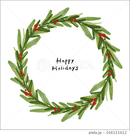 シンプルでベーシックな緑色のクリスマスリース 水彩タッチ  108121022
