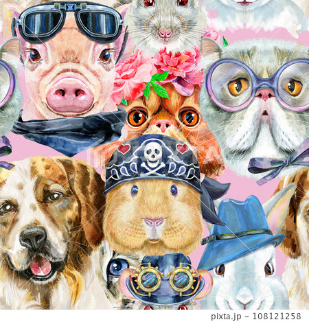 Seamless pattern of of dog, guinea pig, cat, mini pig and rat. Watercolor pets illustration. Watercolor hand drawn illustration 108121258