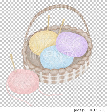 Basket full of yarn balls and needles Basket full of yarn balls and needles 108121332