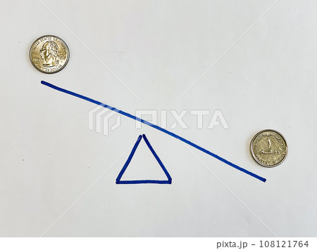 UAE one dirham and us quarter dollar coins on drawn scales. High quality photo UAE one dirham and us quarter dollar coins on drawn scales. High quality photo 108121764
