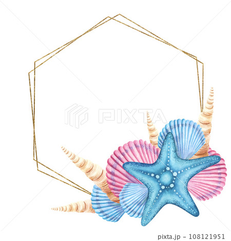 Watercolor hexagon frame made from starfishes and seashells isolated. Underwater element, Illustration for greeting cards, summer beach wedding invitations, crafting, printing Watercolor hexagon frame made from starfishes and seashells isolated. Underwater element, Illustration for greeting cards, summer beach wedding invitations, crafting, printing 108121951