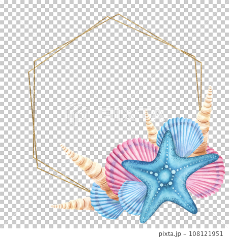 Watercolor hexagon frame made from starfishes and seashells isolated. Underwater element, Illustration for greeting cards, summer beach wedding invitations, crafting, printing Watercolor hexagon frame made from starfishes and seashells isolated. Underwater element, Illustration for greeting cards, summer beach wedding invitations, crafting, printing 108121951