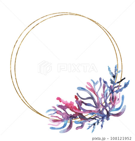 Round golden frame with Watercolor and golden seaweeds, seashells and corals, isolated Illustration, copy space. Bright element for greeting cards, summer sea beach wedding invitations, Round golden frame with Watercolor and golden seaweeds, seashells and corals, isolated Illustration, copy space. Bright element for greeting cards, summer sea beach wedding invitations, 108121952