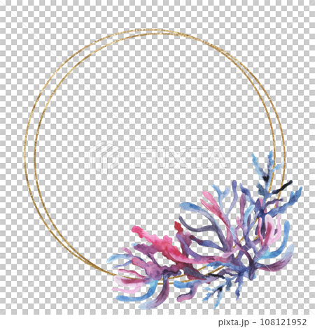 Round golden frame with Watercolor and golden seaweeds, seashells and corals, isolated Illustration, copy space. Bright element for greeting cards, summer sea beach wedding invitations, Round golden frame with Watercolor and golden seaweeds, seashells and corals, isolated Illustration, copy space. Bright element for greeting cards, summer sea beach wedding invitations, 108121952