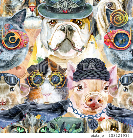 Seamless pattern of of dog, guinea pig, cat, mini pig and rat. Watercolor pets illustration. Watercolor hand drawn illustration Seamless pattern of of dog, guinea pig, cat, mini pig and rat. Watercolor pets illustration. Watercolor hand drawn illustration 108121955