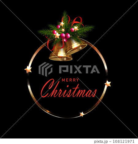 Isolated wreath with golden bells on a black background Isolated wreath with golden bells on a black background 108121971
