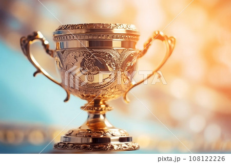 Gold winner cup, shining golden champion cup, trophy for the winner, award, victory, first place of competition, winning and success concept. Copy space. 108122226