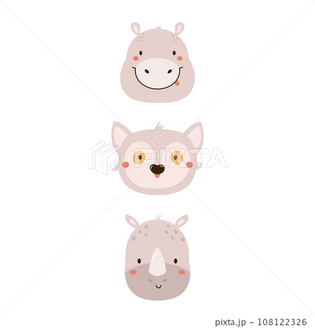 Childish print, vector illustration with portraits of cute African animals - hippo, lemur, rhino 108122326