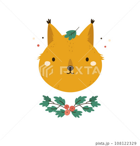 Childish print, vector illustration with animal portraits of squirrel and twig, branch with green leaves and berries 108122329