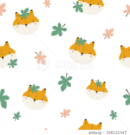 Seamless pattern with faces of cute foxes and chestnut leaves 108122347