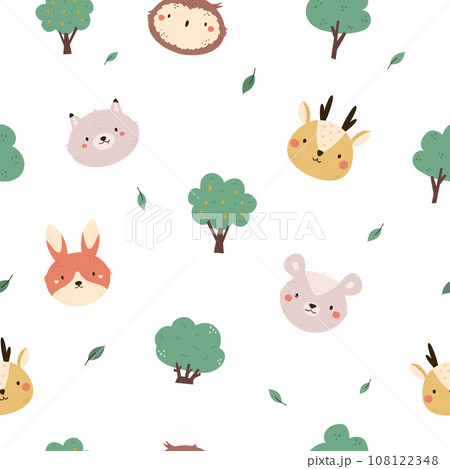 Seamless pattern with faces of cute forest animal faces - wolf, owl, opossum, rabbit, owl, deer and trees Seamless pattern with faces of cute forest animal faces - wolf, owl, opossum, rabbit, owl, deer and trees 108122348