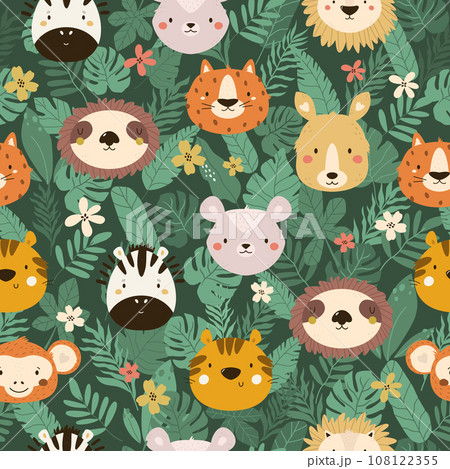 Seamless pattern with cute animal faces sloth, kangaroo, zebra, tiger, lion 108122355