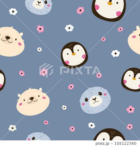 Seamless pattern with cute animal faces of bear, penguin, seal and flowers Seamless pattern with cute animal faces of bear, penguin, seal and flowers 108122360