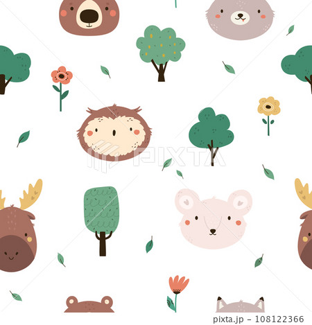 Seamless pattern with cute animal faces owl, moose, mouse, wolf, bear 108122366