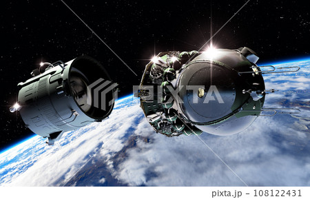 Spaceship Vostok-1 undocked from last rocket stage. 3D Illustration. Spaceship Vostok-1 undocked from last rocket stage. 3D Illustration. 108122431