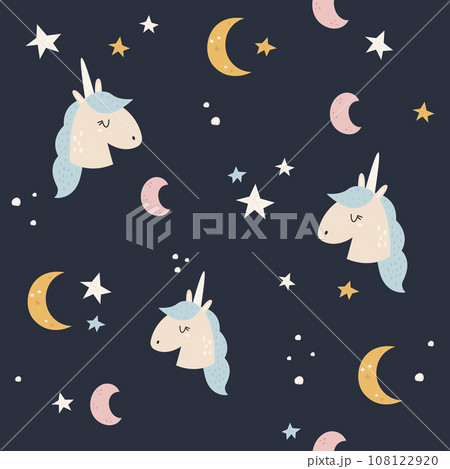 Seamless pattern with cute unicorns, stars and moons Seamless pattern with cute unicorns, stars and moons 108122920