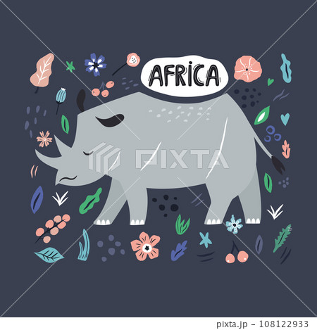 Cute hand drawn rhino character with decoration Cute hand drawn rhino character with decoration 108122933