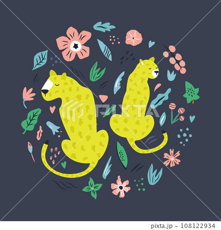 Cute hand drawn couple of leopards with decoration 108122934