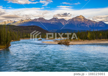 Athabasca River with Pyramid Mountain, Jasper National Park, Canada Athabasca River with Pyramid Mountain, Jasper National Park, Canada 108123001