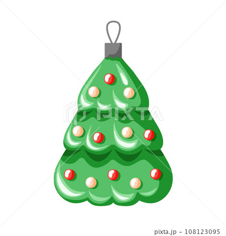 Christmas tree decoration in a shape of tree. Cartoon style. New year toy in retro style. Vector illustration isolated on a white background. 108123095