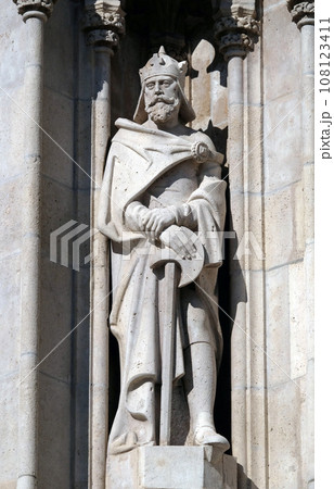 Statue of Saint from portal of the church of St. Matthew near the fisherman bastion in Budapest, Hungary Statue of Saint from portal of the church of St. Matthew near the fisherman bastion in Budapest, Hungary 108123411