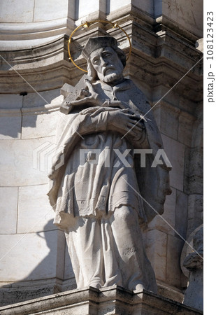 Statue of Saint John of Nepomuk, detail of Holy Trinity plague column in front of Matthias Church in Budapest, Hungary Statue of Saint John of Nepomuk, detail of Holy Trinity plague column in front of Matthias Church in Budapest, Hungary 108123423