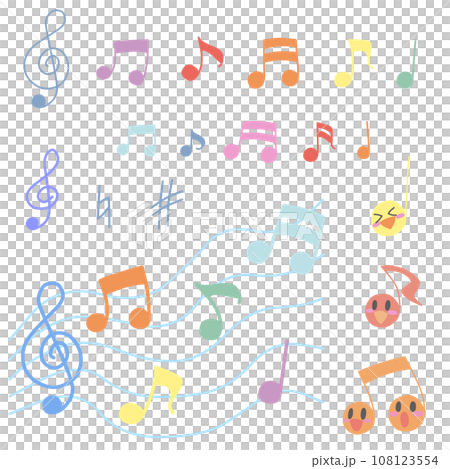A colorful illustration set of various musical notes, including simple ones and character-like ones. A colorful illustration set of various musical notes, including simple ones and character-like ones. 108123554