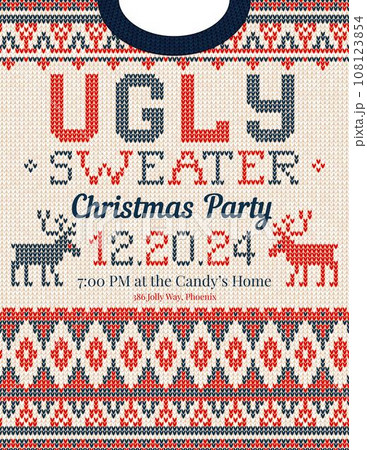 Ugly Sweater Christmas Party cards. Knitted pattern. Scandinavian style deers Ugly Sweater Christmas Party cards. Knitted pattern. Scandinavian style deers 108123854