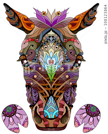 Zentangle horse head with hooves. Hand drawn decorative vector illustration. 108123864