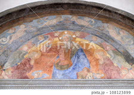 The Eternal Father and the Holy Innocents Martyrs, frescoed lunette by Giovanni di Francesco, Ospedale degli Innocenti - Exterior arcade, Florence, Italy 108123899