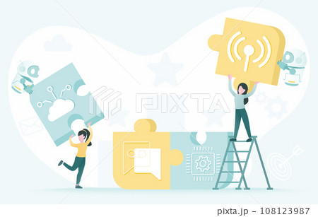 Artificial Intelligence (AI) technology and assemble jigsaw puzzle strategy. Work together, solving problem, tactical planning, brainstorming, thinking, goal. Flat vector design illustration. Artificial Intelligence (AI) technology and assemble jigsaw puzzle strategy. Work together, solving problem, tactical planning, brainstorming, thinking, goal. Flat vector design illustration. 108123987