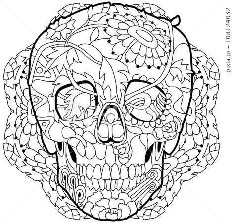 Zentangle stylized scull on mandala. Hand drawn decorative vector illustration for coloring 108124032