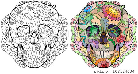Zentangle stylized scull on mandala. Hand drawn decorative vector illustration for coloring. Color and outline set Zentangle stylized scull on mandala. Hand drawn decorative vector illustration for coloring. Color and outline set 108124034