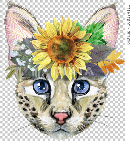 Cute cat with sunflower. Cat for t-shirt graphics. Watercolor Savannah cat illustration Cute cat with sunflower. Cat for t-shirt graphics. Watercolor Savannah cat illustration 108124111