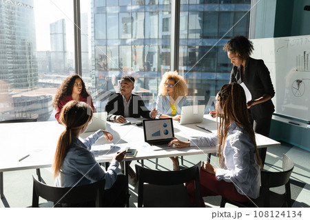 African American business people brainstorming at corporate meeting, discussing project African American business people brainstorming at corporate meeting, discussing project 108124134