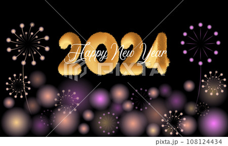 Happy New Year 2024 Celebration Festive Concept with Fireworks, Party Hats, and Christmas ball. background, banner, card, celebration poster, party invitation or calendar. 108124434