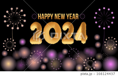 Happy New Year 2024 Celebration Festive Concept with Fireworks, Party Hats, and Christmas ball. background, banner, card, celebration poster, party invitation or calendar. 108124437