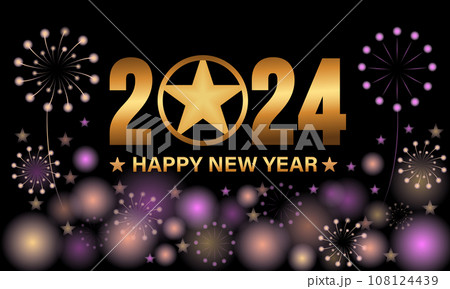 Happy New Year 2024 Celebration Festive Concept with Fireworks, Party Hats, and Christmas ball. background, banner, card, celebration poster, party invitation or calendar. Happy New Year 2024 Celebration Festive Concept with Fireworks, Party Hats, and Christmas ball. background, banner, card, celebration poster, party invitation or calendar. 108124439