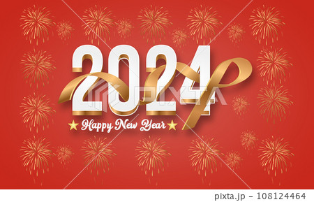 Happy New Year 2024 Celebration Festive Concept with Fireworks, Party Hats, and Christmas ball. background, banner, card, celebration poster, party invitation or calendar. 108124464