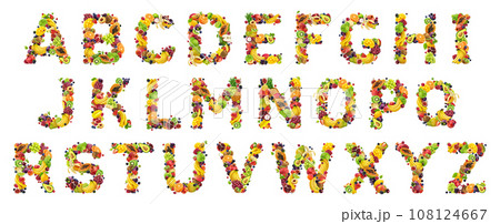 Alphabet with fresh food ingredients, letters made from fruits and berries isolated on white background Alphabet with fresh food ingredients, letters made from fruits and berries isolated on white background 108124667
