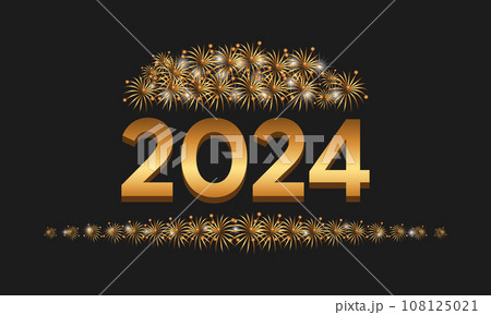 Happy New Year 2024 Celebration Festive Concept with Fireworks, Party Hats, and Christmas ball. background, banner, card, celebration poster, party invitation or calendar. 108125021