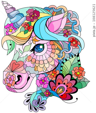 Cute cartoon unicorn. Fantastic animal. Black and white, linear, image. For the design of prints, posters, stickers, tattoos. 108125621