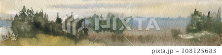 Summer landscape with with coniferous trees. Watercolor illustration Summer landscape with with coniferous trees. Watercolor illustration 108125683