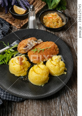 Fried cod fillet served. Fried cod fillet served. 108125745