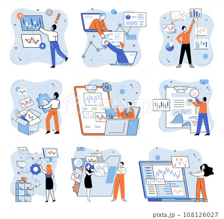 Data analysis. Vector illustration. The stock market heavily relies on data analysis to inform investment decisions Strategic planning involves data analysis to identify opportunities and develop 108126027
