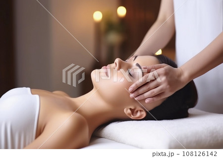 Attractive Woman Enjoying a Relaxing Massage at Spa. Concept spa. Generative Ai. Attractive Woman Enjoying a Relaxing Massage at Spa. Concept spa. Generative Ai. 108126142