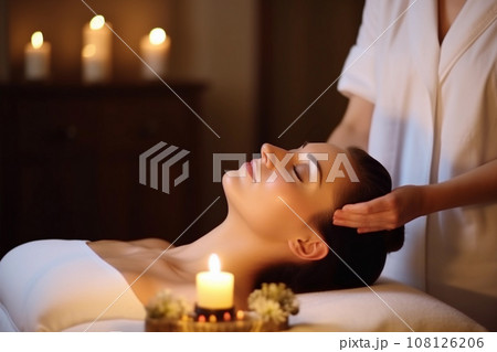 Attractive Woman Receiving Facial Massage in Spa Salon. Generative Ai. 108126206