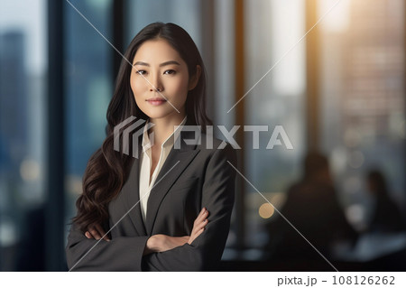 Confident Asian Businesswoman: Portrait in Office with Crossed Arms. Generative Ai. 108126262