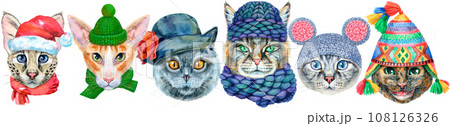 Border of portraits of cats of different breeds with accessories. Watercolor hand drawn illustration 108126326