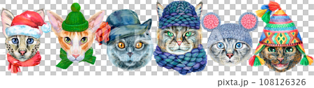 Border of portraits of cats of different breeds with accessories. Watercolor hand drawn illustration 108126326